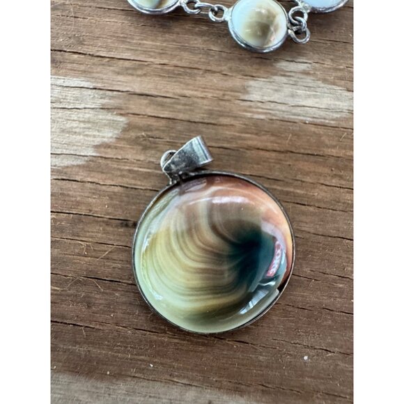 Sterling Silver Operculum Shiva Eye Shell Cats Eye Pendant Bracelet Set - Picture 2 of 4